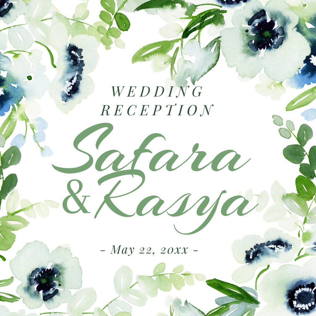 Wedding Invitation with Beautiful Watercolor Flowers Instagram Design Template