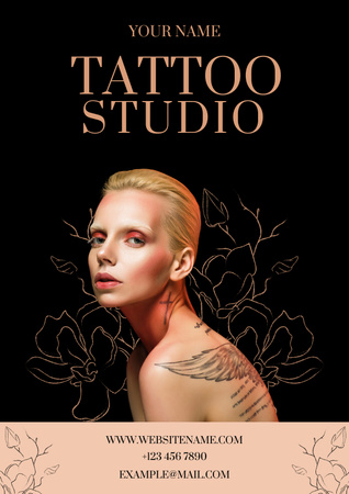 Platilla de diseño Floral Sketch And Tattoo Studio Service Offer Poster