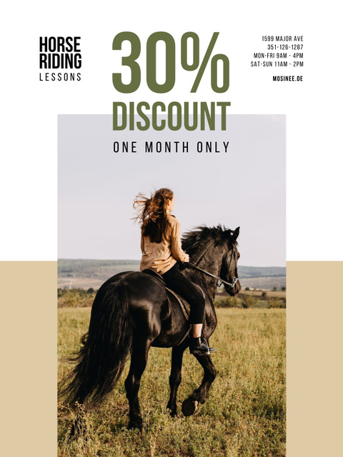 Riding School Ad with Discount with Woman on Horse Poster USデザインテンプレート