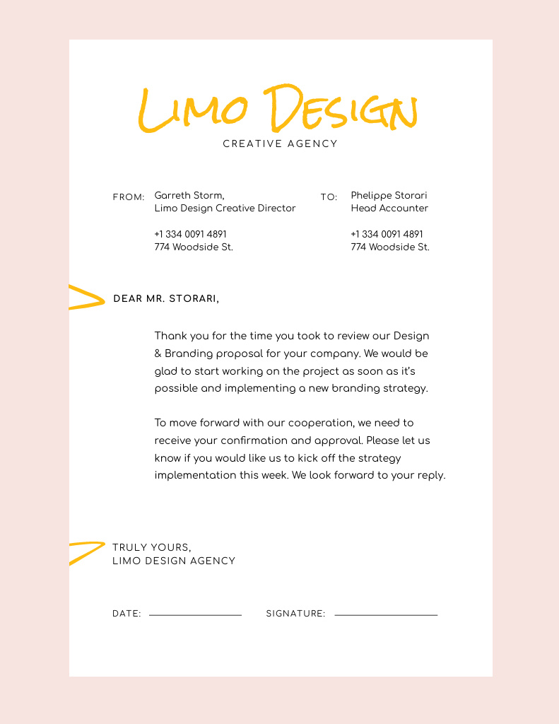 Design Agency Document on Pastel Pink Letterhead 8.5x11inデザインテンプレート