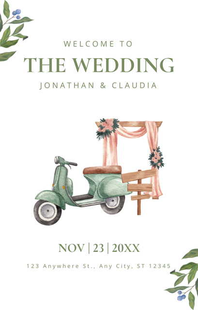 Wedding Announcement with Moped and Elegant Decoration Invitation 4.6x7.2in Tasarım Şablonu