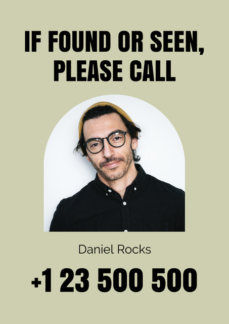 Announcement of Missing Person with Man in Glasses Poster A3 Design Template
