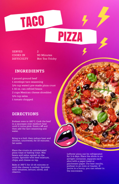 Modèle de visuel Taco Pizza Cooking Steps with Funny Antique Statue - Recipe Card
