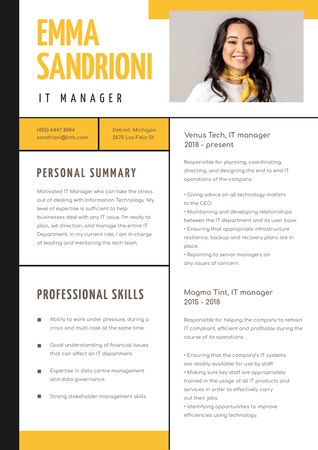 IT Manager professional skills and experience Resume Tasarım Şablonu