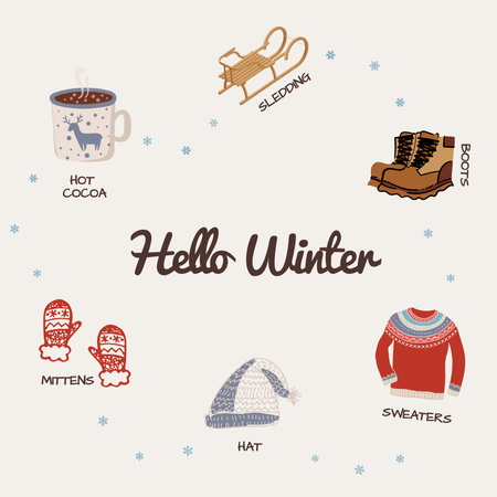Hello Winter Text with Cute Cozy Clothes Instagram Design Template