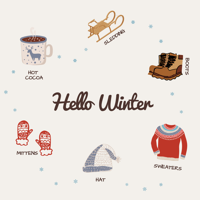 Designvorlage Hello Winter Text with Cute Cozy Clothes für Instagram