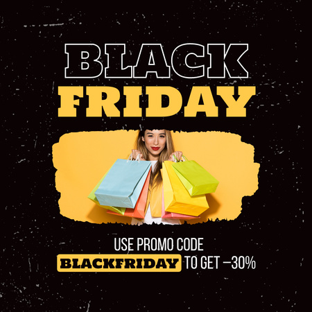 Black Friday Sale with Happy Woman with Shopping Bags Animated Post Design Template