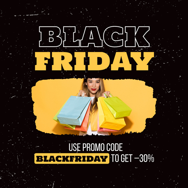 Black Friday Sale with Happy Woman with Shopping Bags Animated Postデザインテンプレート