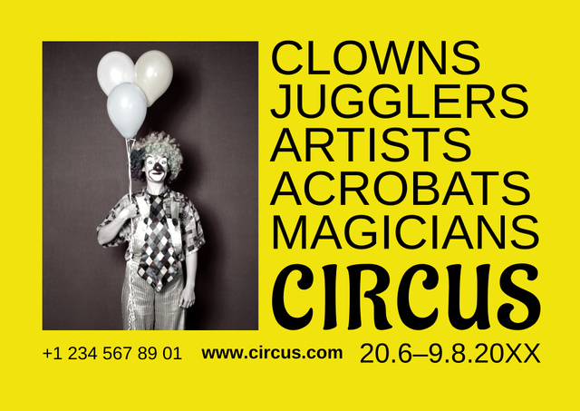 Circus Show Announcement with Clown on Yellow Poster B2 Horizontal tervezősablon