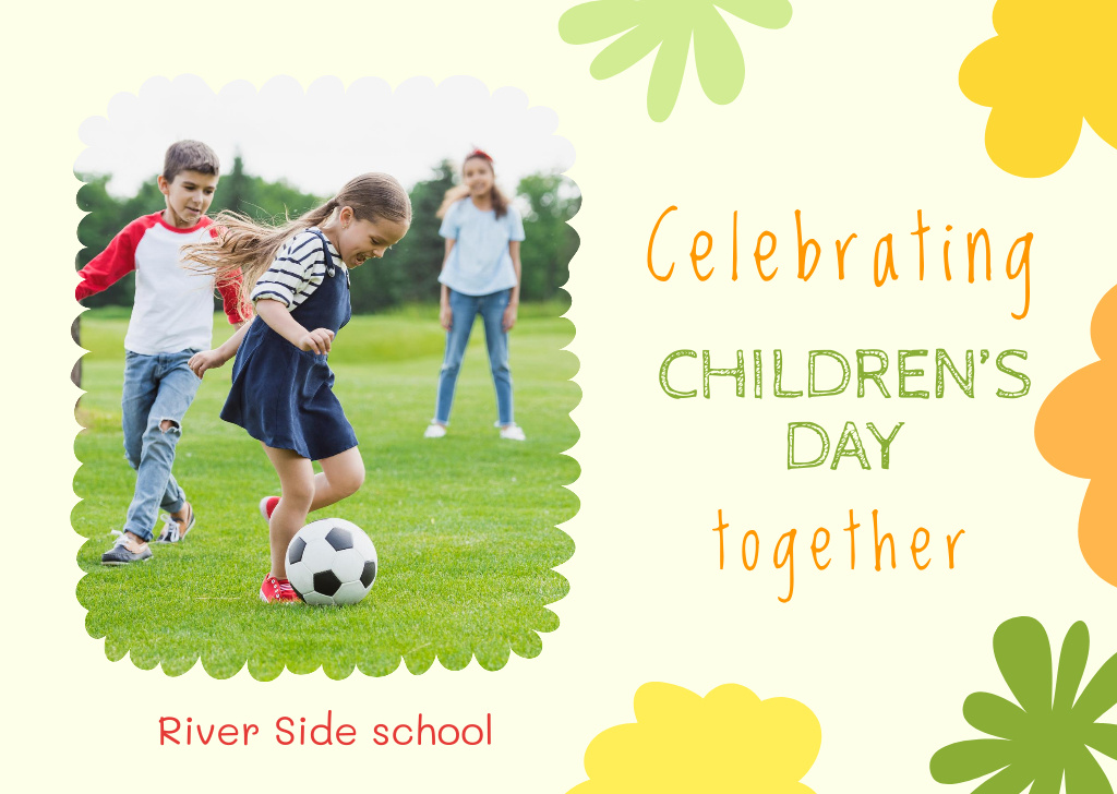 Children's Day Celebration with Kids Playing Football Card Modelo de Design