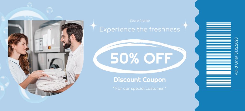 Template di design Offer Discounts on Laundry Service with Happy Couple Coupon 3.75x8.25in