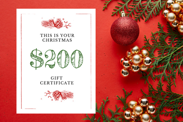 Template di design Christmas Gift Offer with Shiny Decorations in Red Gift Certificate