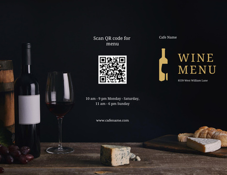Designvorlage Wine Bottle And Glass With Cheese List für Menu 11x8.5in Tri-Fold