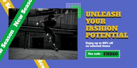 Promo Code Offer with Stylish Skateboarder Twitter Design Template