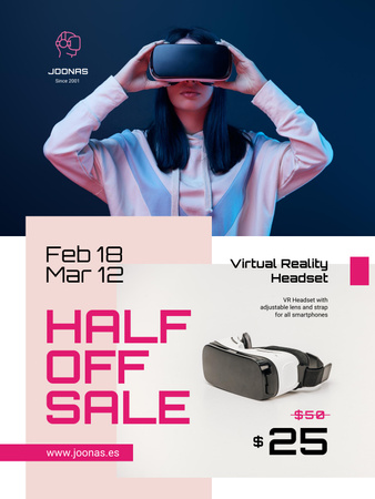 Gadgets Sale with Woman Using VR Glasses Poster US Design Template