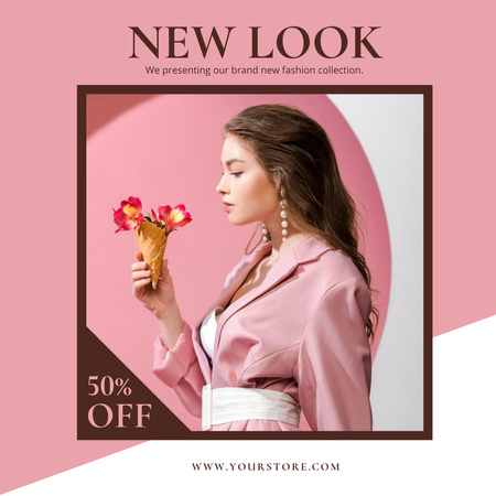 Designvorlage Sale Announcement with Stylish Woman with Flowers für Instagram