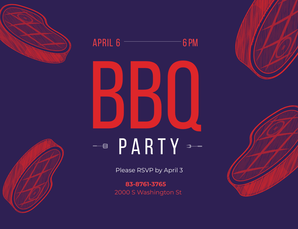 BBQ Party Announcement With Raw Steaks Invitation 13.9x10.7cm Horizontal Design Template