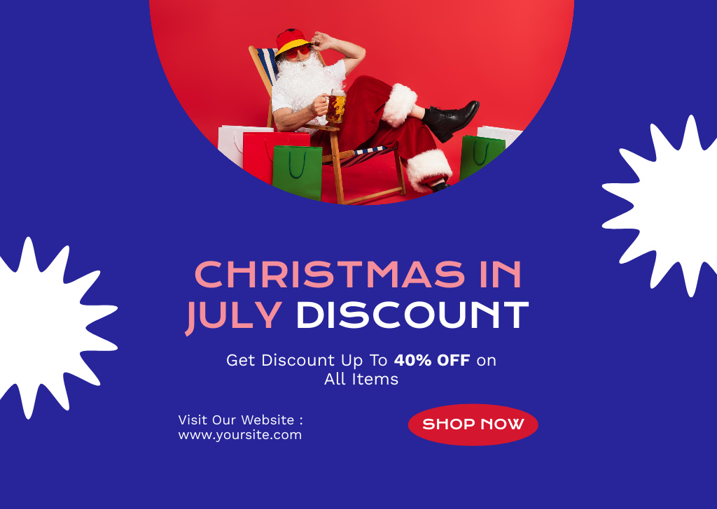 Ontwerpsjabloon van Flyer A6 Horizontal van Christmas Holiday Discount in July with Merry Santa Claus