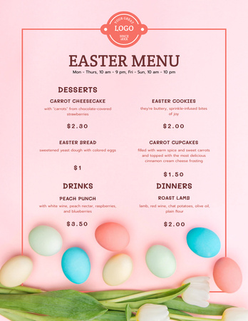 Húsvéti étkezési ajánlat színes tojásokkal és rózsaszín tulipánokkal Menu 8.5x11in tervezősablon