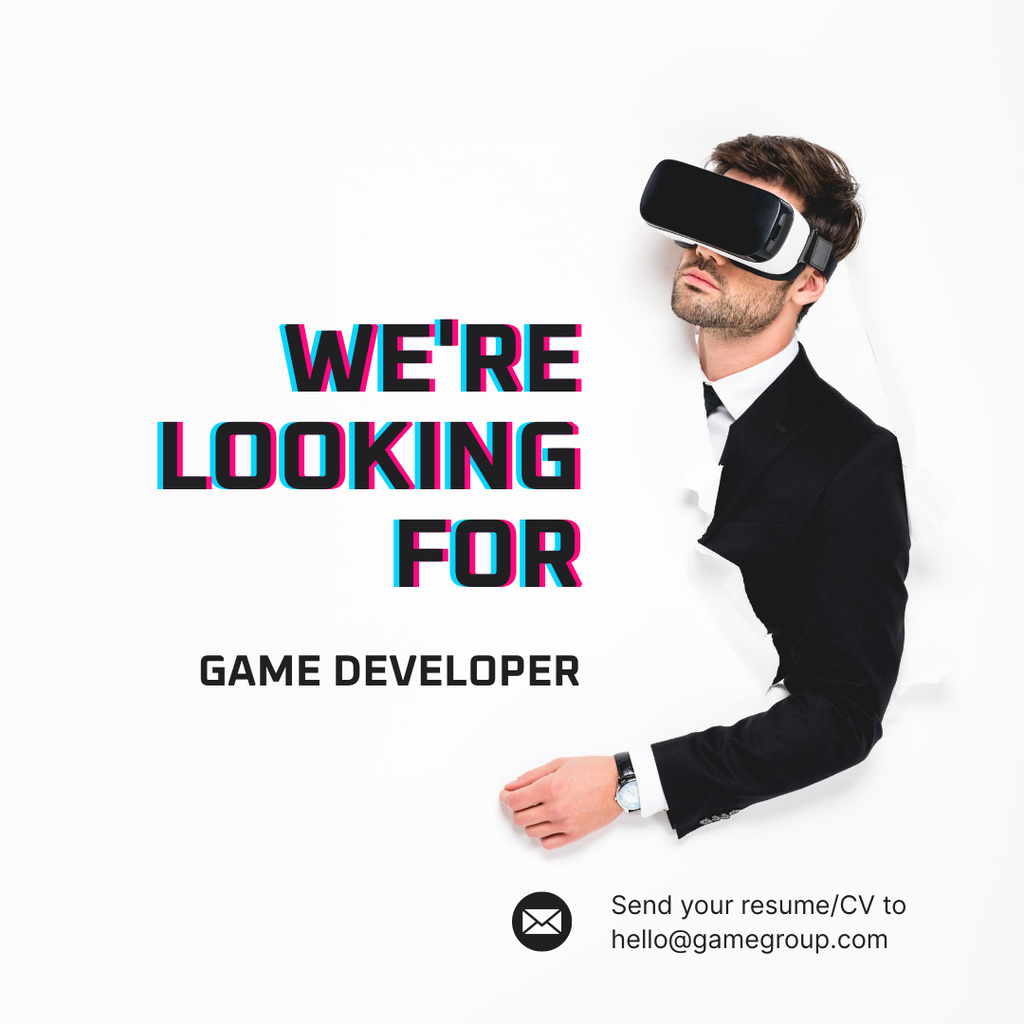 Designvorlage Game Developer Vacancy Ad with Man in Virtual Reality Glasses für Instagram