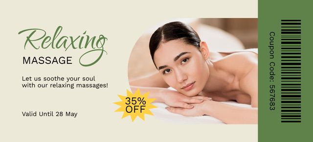 Ontwerpsjabloon van Coupon 3.75x8.25in van Massage Salon Ad with Attractive Young Woman