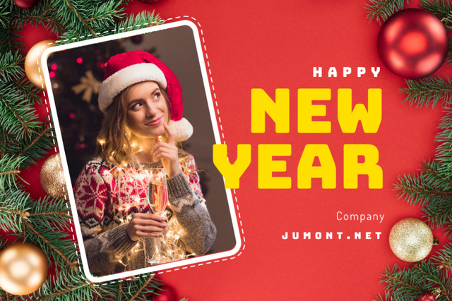 Ontwerpsjabloon van Postcard 4x6in van Happy New Year Greeting With Champagne in Red