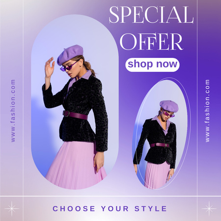 Special Clothing Offer with Woman in Purple Beret Instagram Design Template