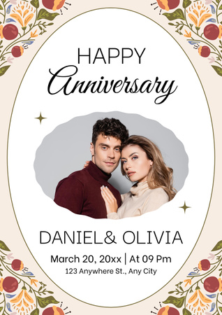 Happy Anniversary of Young Couple on Flower Pattern Poster Design Template