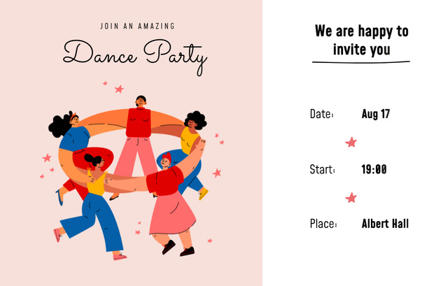 Spectacular Party Announcement With People Dancing In Circle Invitation 4.6x7.2in Horizontal tervezősablon