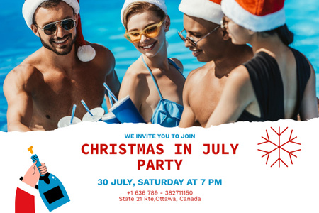 Christmas Party in July with Bunch of Young People in Pool Flyer 4x6in Horizontal Design Template
