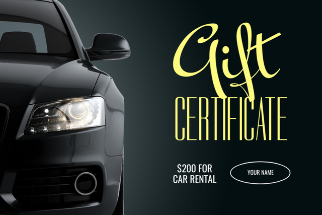 Platilla de diseño Car Rent Offer with Modern Black Car Gift Certificate