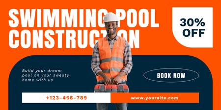 Discount on Pool Construction Services with Smiling African American Twitter Design Template
