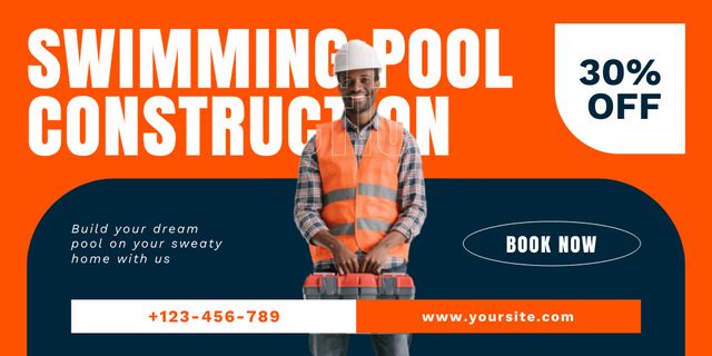 Template di design Discount on Pool Construction Services with Smiling African American Twitter