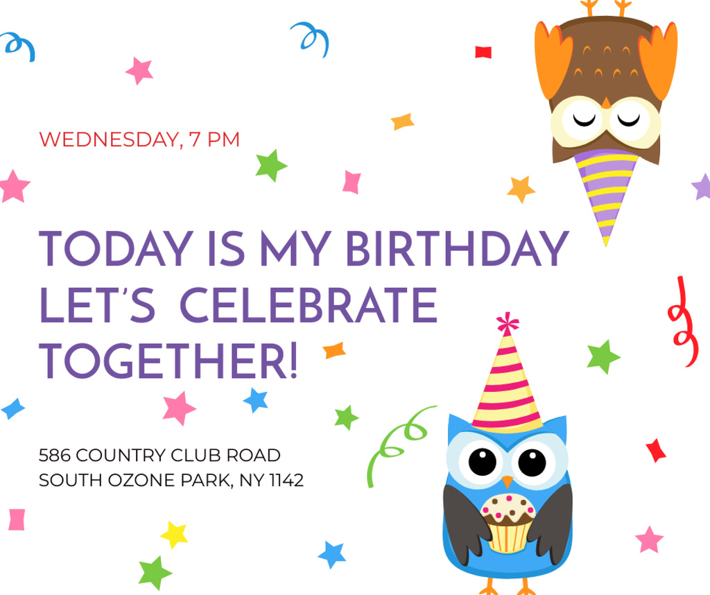 Ontwerpsjabloon van Facebook van Birthday Invitation with Party Owls