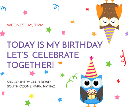 Birthday Invitation with Party Owls Facebookデザインテンプレート