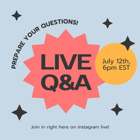 Plantilla de diseño de Notificación de preguntas y respuestas en vivo en azul en julio Instagram 