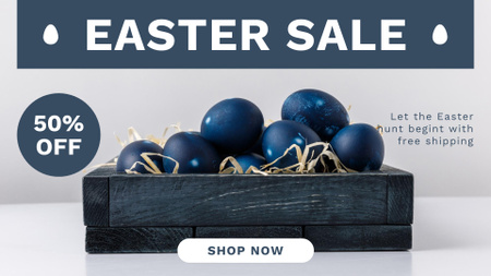 Húsvéti kiárusítási hirdetmény kék tojásokkal fadobozban FB event cover tervezősablon