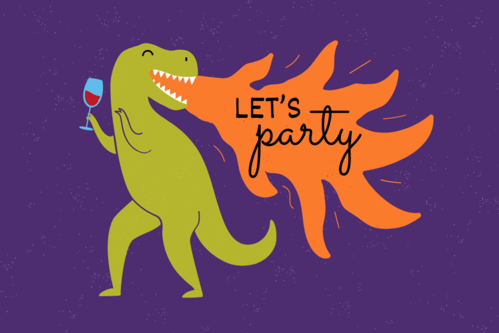 Template di design Funny Party Event With Dinosaur Holding Wine Postcard 4x6in