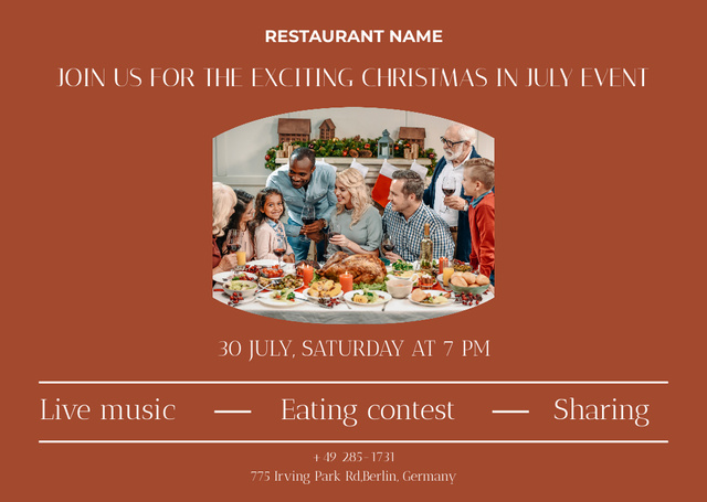 Template di design July Christmas Party with Multiracial Family Flyer A6 Horizontal