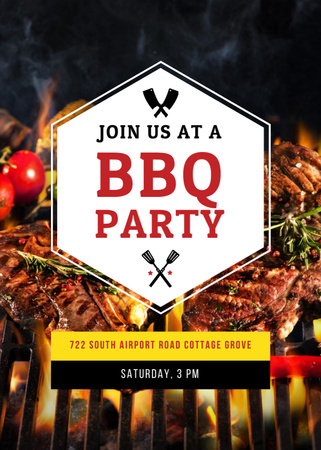 BBQ Party Invitation with Grilled Steak Flayer Modelo de Design