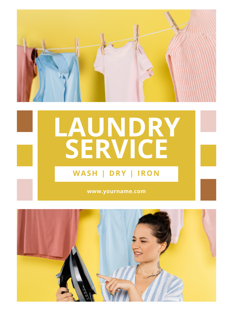 Laundry Services Ad with Woman holding Iron Poster US Modelo de Design