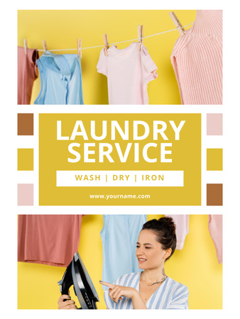 Laundry Services Ad with Woman holding Iron Poster US tervezősablon