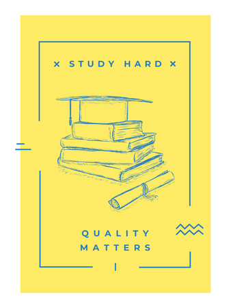 Plantilla de diseño de Pila de libros con sombrero de graduación en amarillo Poster US 