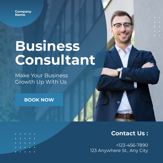 Business Consulting Ad with Photo of Friendly Businessman LinkedIn postデザインテンプレート