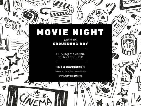 Movie Night with Icons of Cinematography Poster 18x24in Horizontal Design Template
