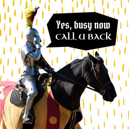 Template di design cavaliere medievale divertente a cavallo che parla su telefono immaginario Instagram