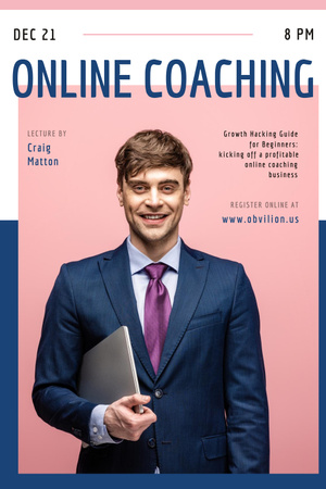 Online Courses Ad with Excited Man with Laptop Pinterest Design Template