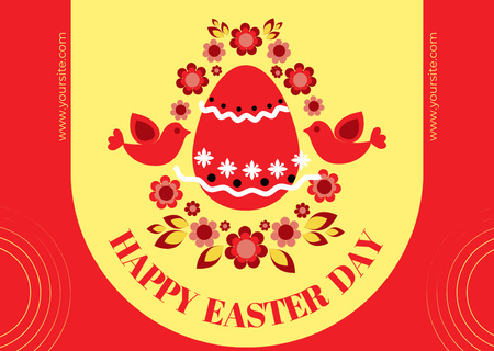 Happy Easter Message with Painted Easter Egg and Flowers Card Design Template