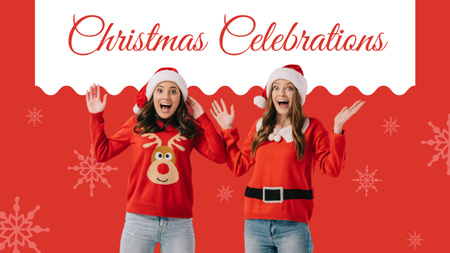 Designvorlage Attraktive und lächelnde Frauen Sankt-Hüte, die Weihnachten feiern für Youtube