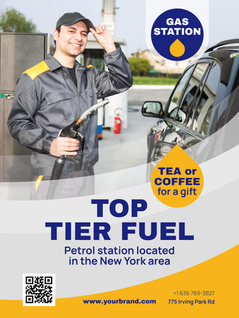 Autószolgáltatások hirdetése dolgozóval a benzinkútnál Poster US tervezősablon